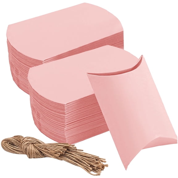 150 Pack Pink Pillow Candy Boxes - Small Favor Gift Boxes with Twine | Food Safe Kraft Paper Party Favors for Party Wedding Favor for Anniversary, Birthday, Shower