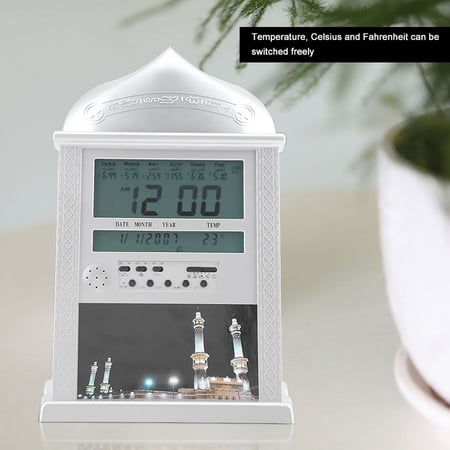 YAHHU Muslim Islamic Praying Clock Azan Prayer Alarm Digital Table Wall Clock with LCD Display Makkah Music Temperature Calendar Silver 8.27x12.8in[cite: 1]