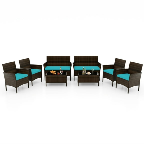 Costway 8 PCS Patio Furniture Set with Washable Cushions and Tempered Glass Coffee Table Turquoise