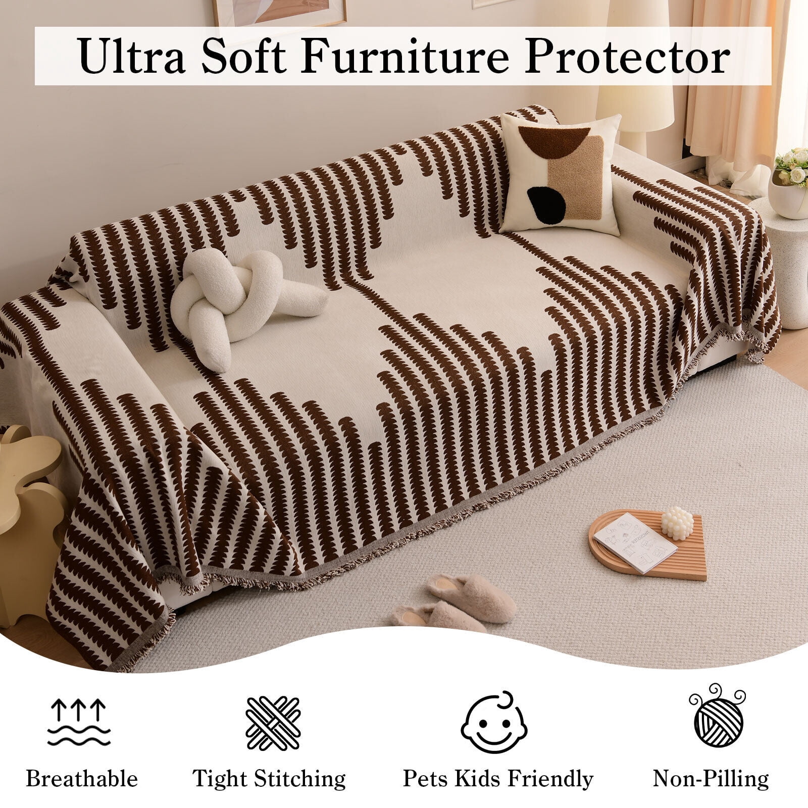 Eurhowing Boho Couch Cover for 2-3 Cushion Couch, Chenille Sofa Cover Blanket with a Pillowcase, Anti-Slip Tassel Sofa Slipcover for Pet, (71'' x 118'', Coffee)
