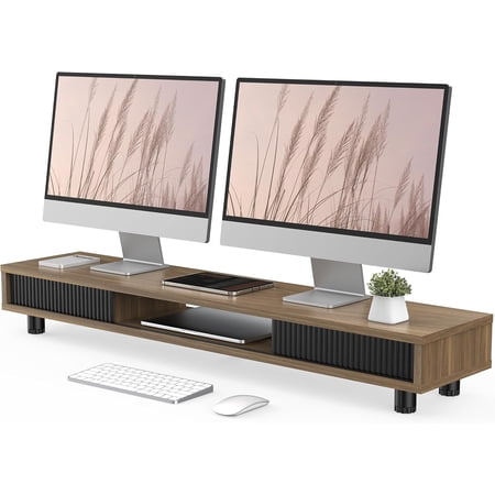 Dual Monitor Stand with Storage Desk Shelf with Glass Sliding Door | Ergonomic Height Adjustment 42.5in Monitor Shelf 2-Tier Monitor Riser Desk Organizer for Screen PC Laptop Brown