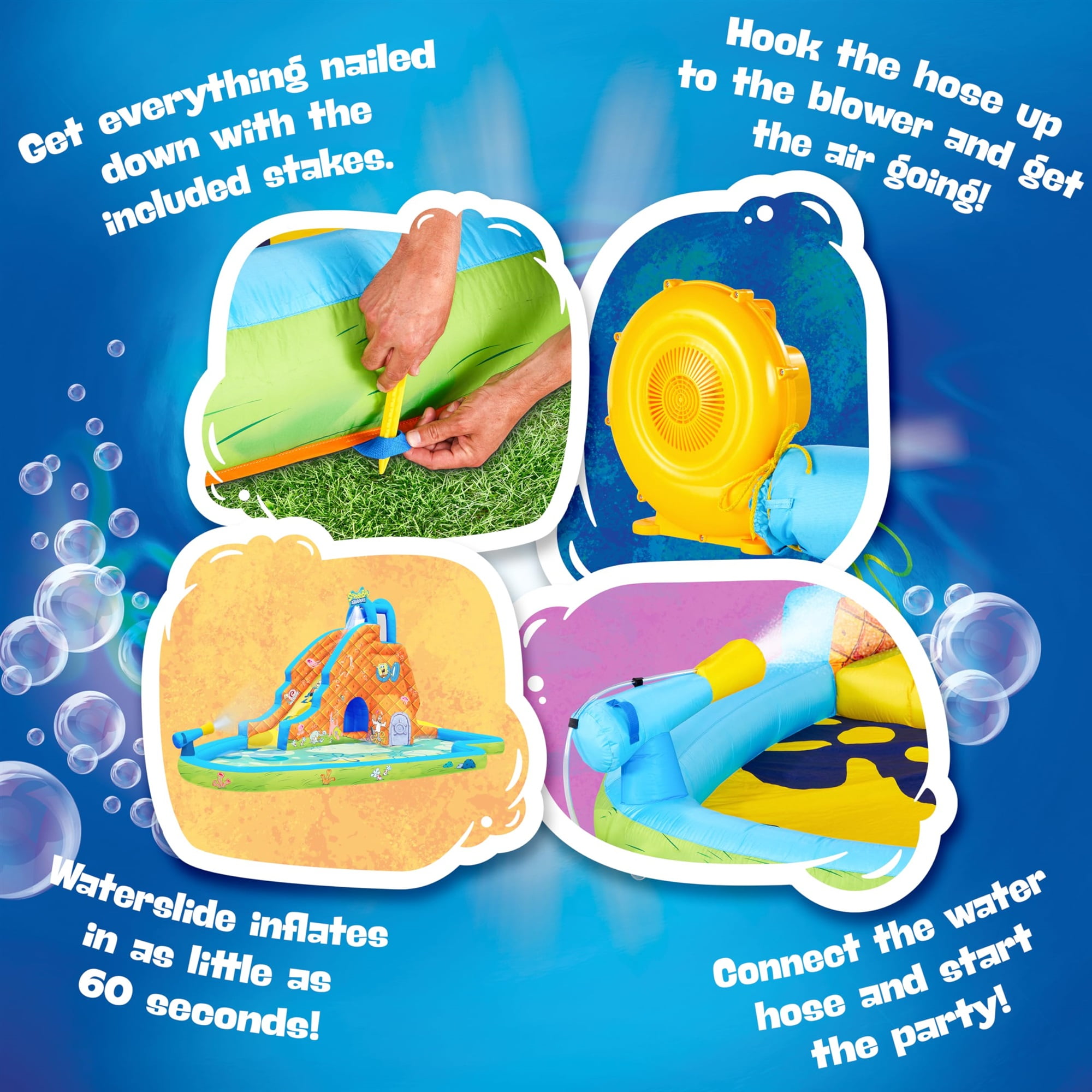 Sunny & Fun Fun SpongeBob Inflatable Waterslide with Climbing Wall, Splash Pool, and Blower