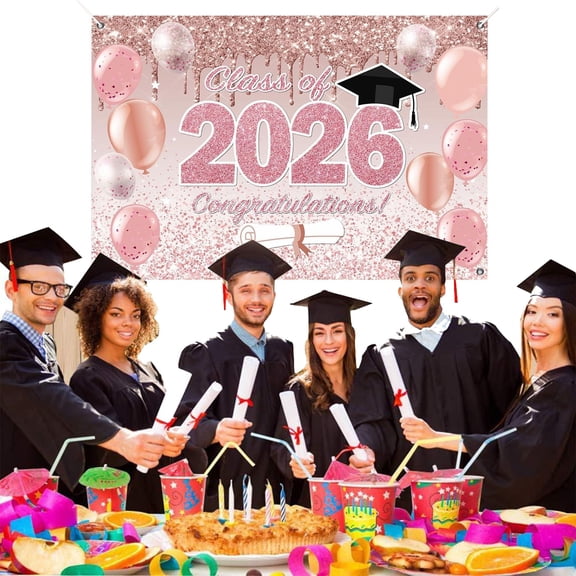 80*120CM Pink Graduation Backdrop Decorations Class of 2026 Rose Gold Congrats Grad Photography Background Pink Congratulations Graduate Party Decorations Banner Supplies Photo Booth Props