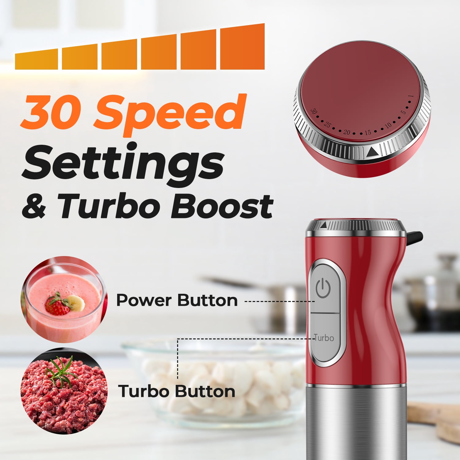 450W 5 in 1 Immersion Hand Blender Set with 30 Speed Settings Turbo Function Includes Mixing Beaker Chopper Whisk Milk Frother for Baby Food Soup Sauce Smoothie and Kitchen Cooking