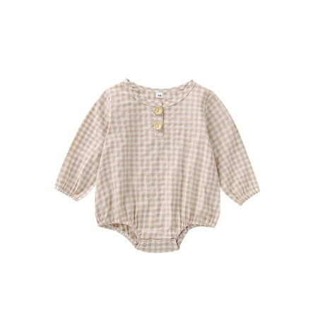 

Jkerther Autumn Infant Romper Baby Girls Plaid Round Collar Long Sleeve Button Triangle Bottom Jumpsuit