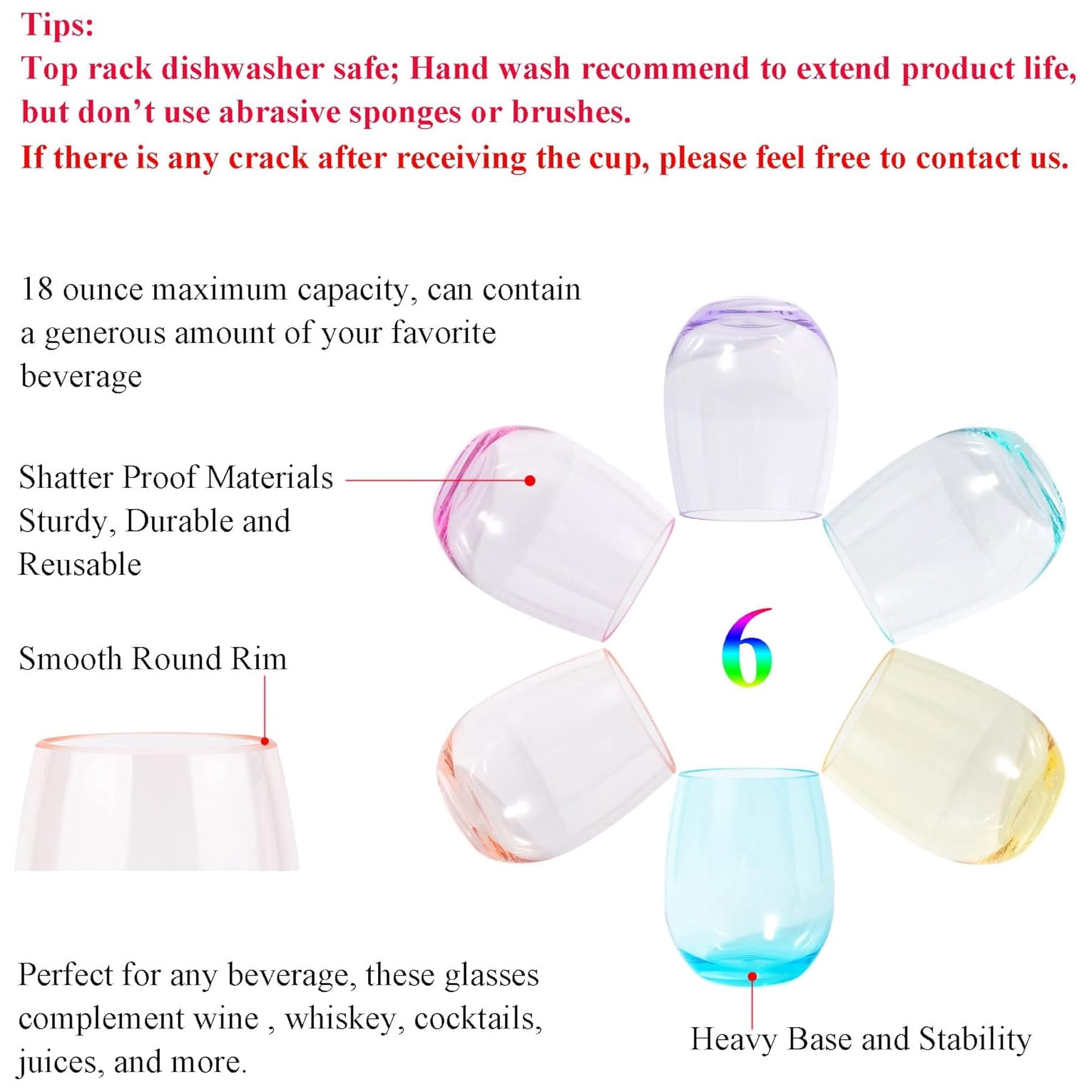 KX-Ware Classic Unbreakable 18 Ounce Acrylic Stemless Wine Glasses, Set of 6 Multicolor
