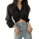 thumbnail image 3 of Camisa con nudo torcido, Top con lazo en la espalda, manga larga, blusa corta con parte delantera torcida para mujer, primavera, 3 of 8