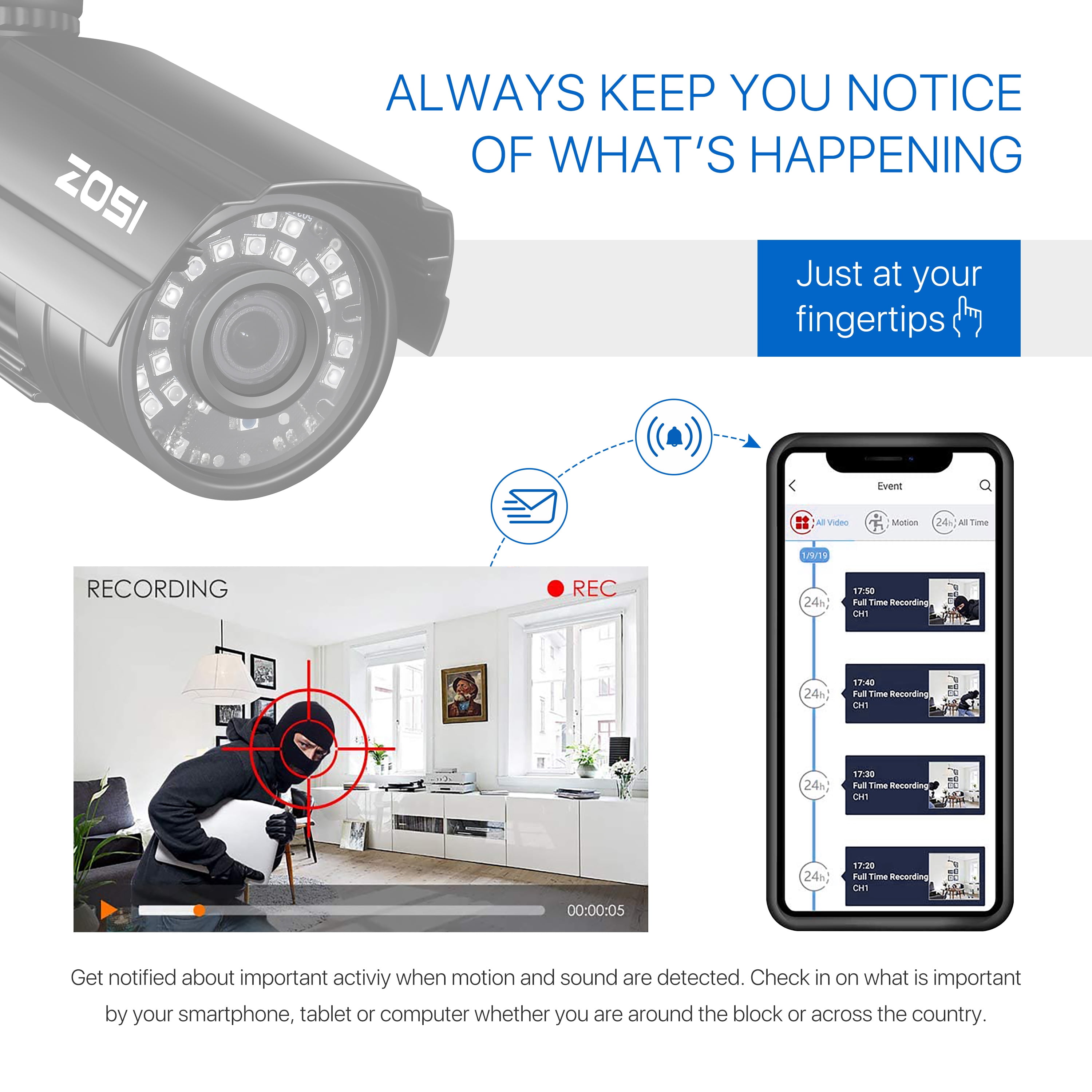 3K Lite Security Camera System, ZOSI 8-Channel FULL 1080P HD Video Security System CCTV DVR Built-in 1TB Hard Drive, Indoor/Outdoor 2.0MP Weatherproof Surveillance Security Camera System
