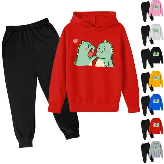 Qingpeng Toddler Boy Girls Winter Clothes Set Kids Dinosaur Print Long Sleeve Hoodie Sweatshirt Pants Fall Winter Outfit Sets