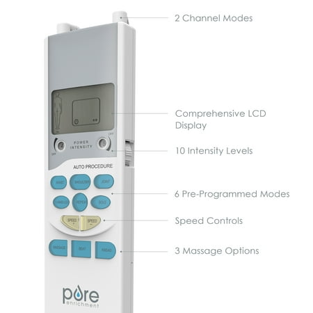 Pure Enrichment PurePulse TENS Electronic Pulse Stimulator Featuring Comprehensive LCD Screen, 6 Programs, 3 Massage Settings, and 2 Channels - Includes 4 AAA Batteries + 4 Reusable Electrode Pads