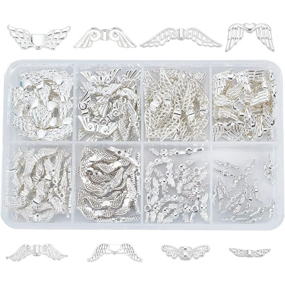 Angel Wings for Crafts 160pcs 8 Styles Angle Wing Bead Wing Spacer Beads Bright Silver Tibetan Style 12~32mm Alloy Retro Fairy Wing Charm Beads for Jewelry Keychain Gift Bag Tree Hanging