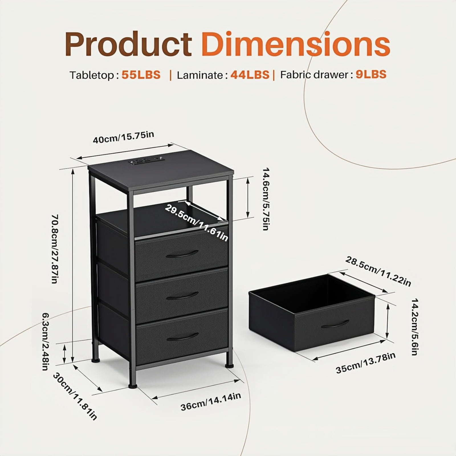 Nextay 3 Fabric Drawers Nightstand with Charging Station, LED Light Strip Bedside End Table with USB/Type-C Ports and Outlets & Adjustable Feet for Bedroom, Black