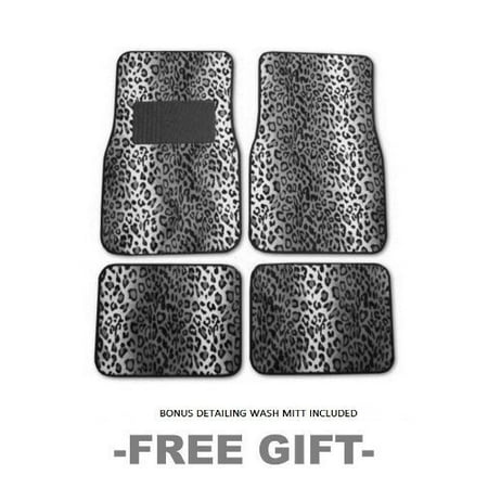 A Set of 4 Universal Fit Animal Print Carpet Floor Mats for Cars / Truck - Snow Leopard & Bonus Detailing WASH MITT