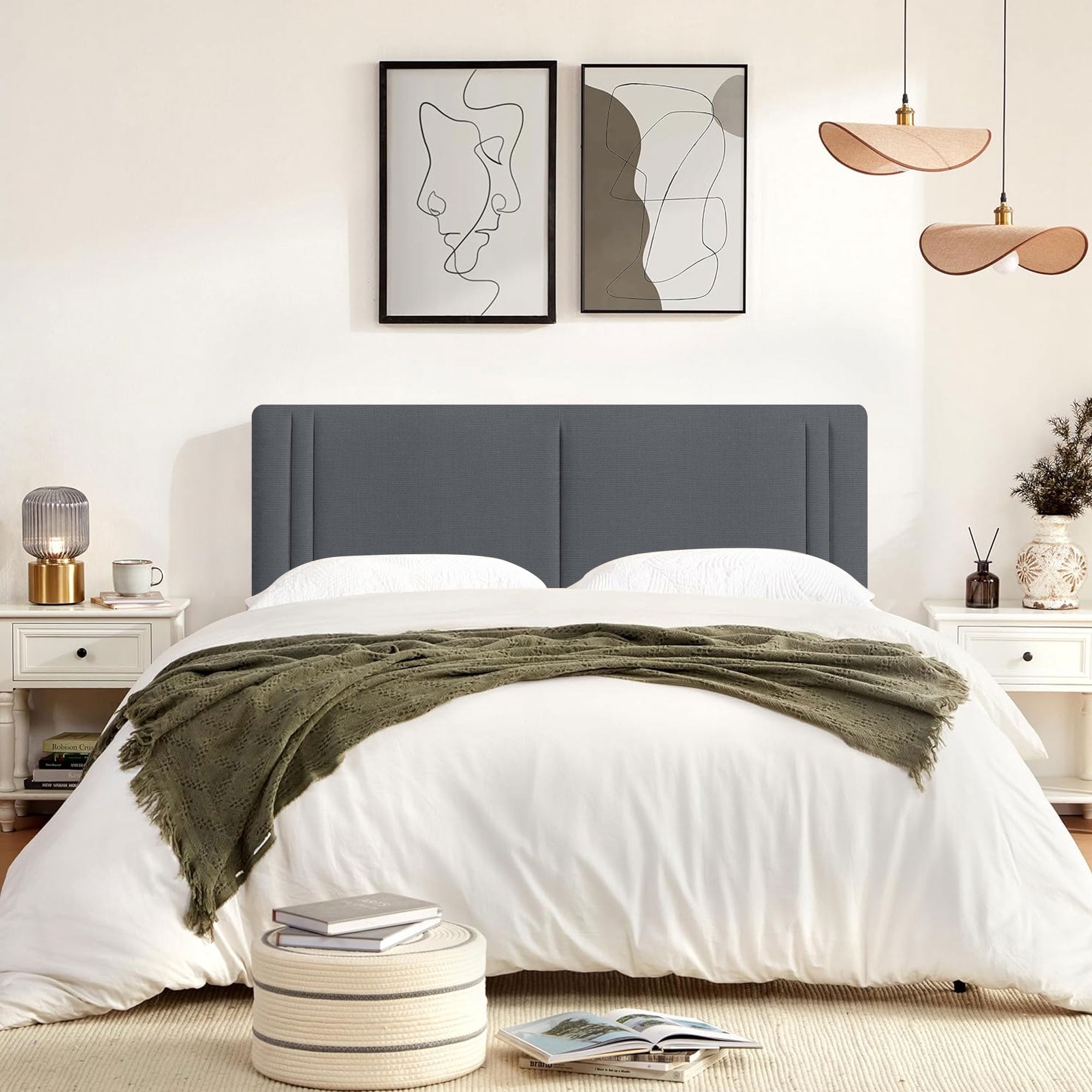 JONPONY Upholstered Full Headboard,Solid Wood Head Board with Linen Fabric,Adjustable Height Headboard from 37" to 51",Bed Frame Adapters,Headboard Only,Gray