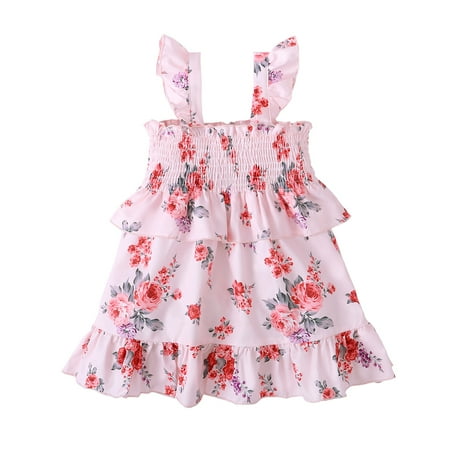 

Kucnuzki Toddler Baby Girl Clothes 4T Summer Dress 5T Sling Cute Big Rose Prints Flouncing Ruched Dress Strap Dress Pink