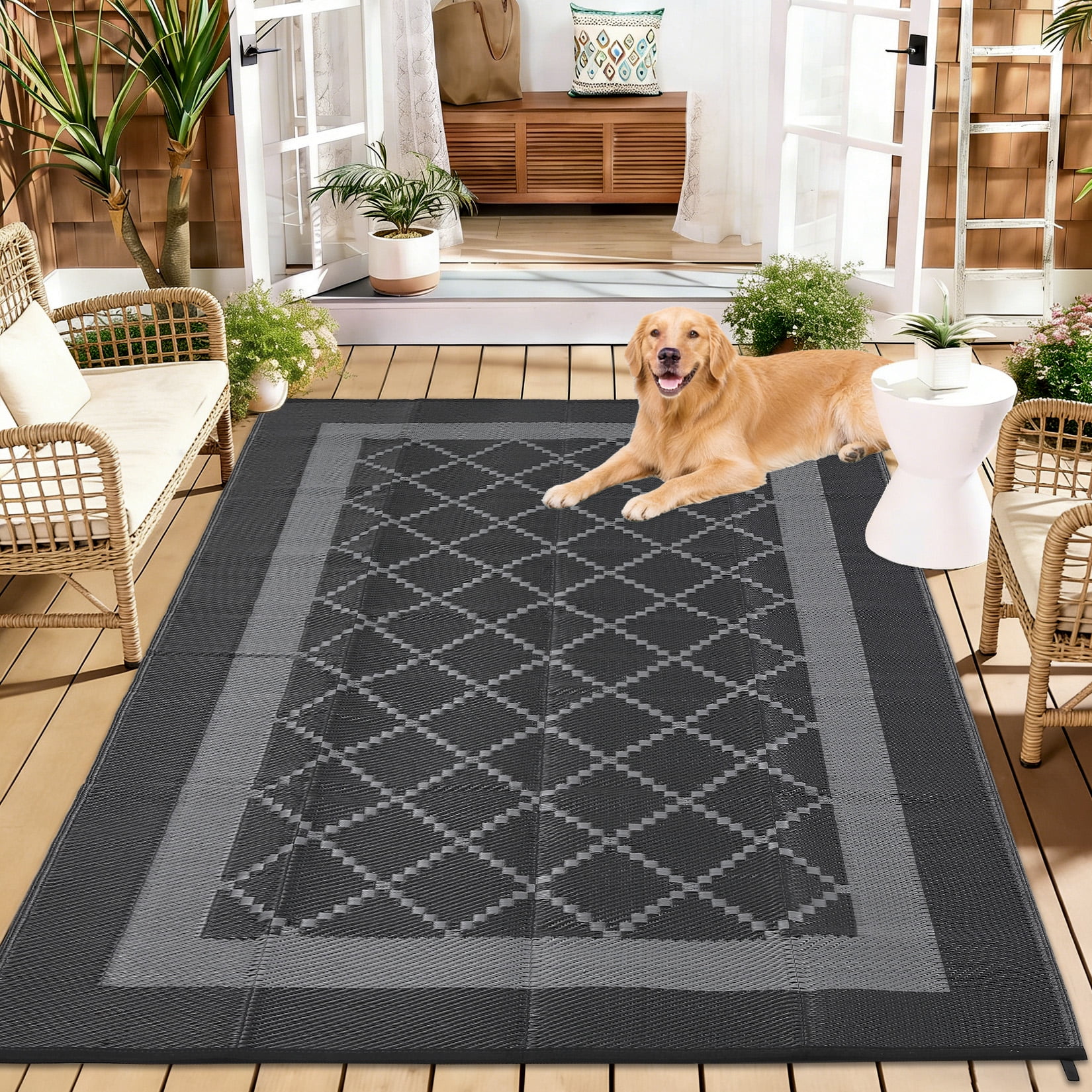 Garvee Outdoor Rug 9'x18' Waterproof Area Rug for Patios, Reversible Plastic Straw Rug Camping Carpet Mats for RV, Picnic, Backyard, Balcony, Porch, Beach, Black Gray