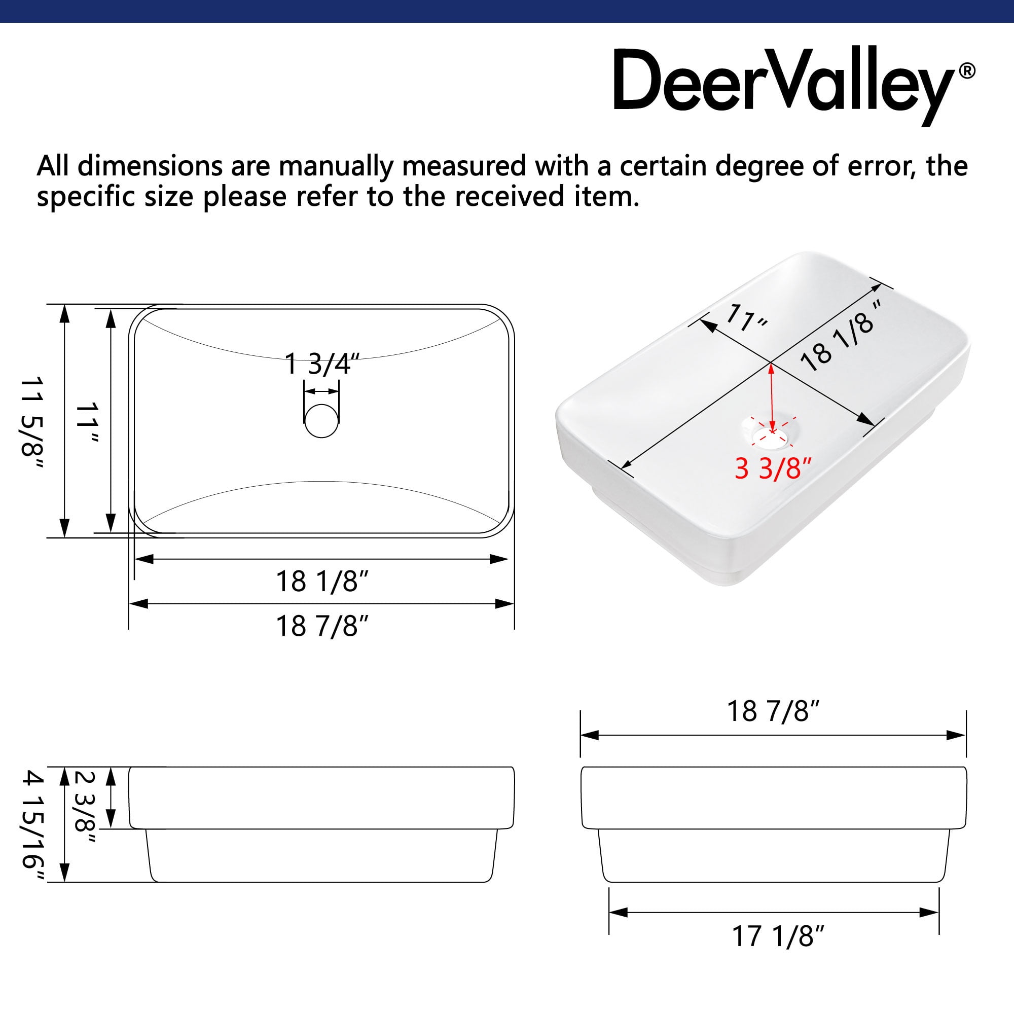 DV-1V0047 DeerValley Ally 19'' x 12'' Drop-In Bathroom Sink Semi-Recessed Vessel Sink Rectangular Above Counter Basin