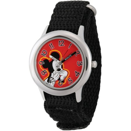 Disney Mickey Mouse Boys' Stainless Steel Time Teacher Watch, Black Hook-and-Loop Nylon Strap