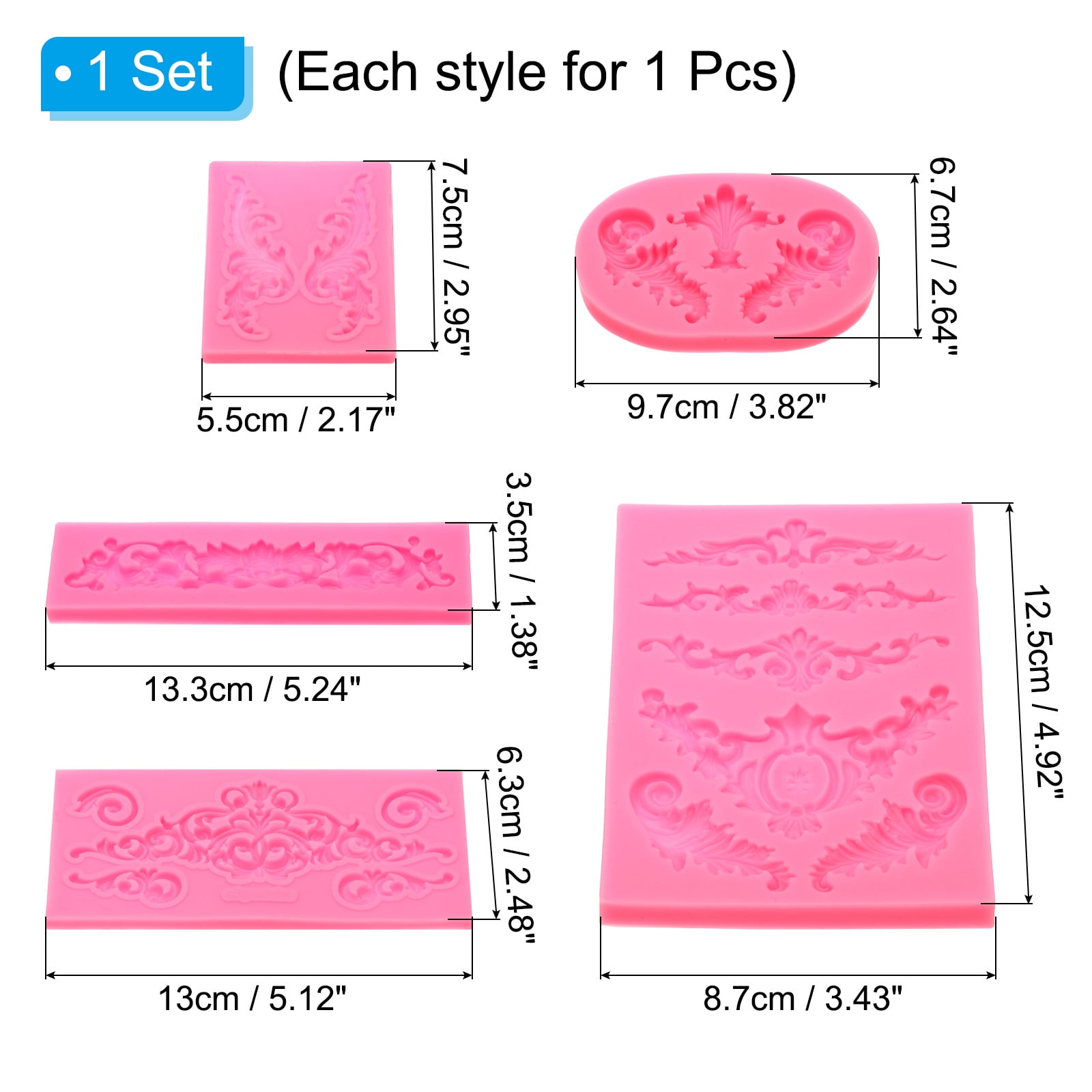 Uxcell 5 Pcs Polymer Clay Mold, Clay Mold Fondant Mold 3D Baroque Lod-Mold Silicone for Crafts Air Dry DIY Cake Pink