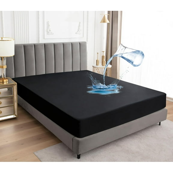 Queen Mattress Protector, Waterproof Mattress Cover, 18 Inch Deep Pocket Fitted Sheet Style, with Elastic Rubber Band, Washable Easy Care, for Night Sweats, Pets, Black