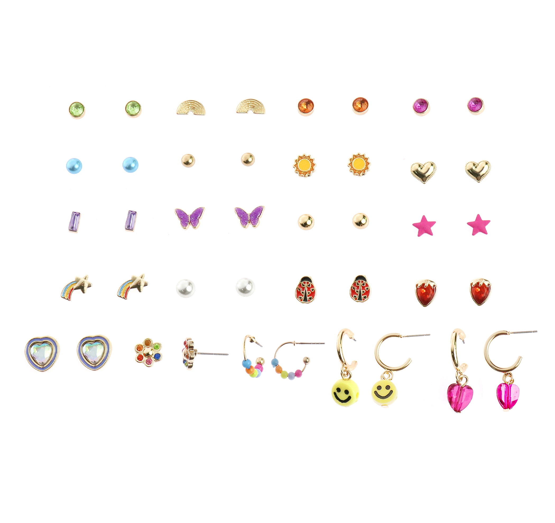 Wonder Nation 21 Pack Earring Set with Smiley Faces and Heart Studs (Girl's)