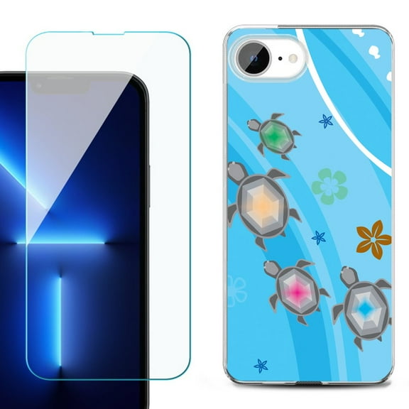 For For iPhone 16e Phone Case Cover, Shockproof Case with Tempered Glass Screen Protector, by OneToughShield - Happy Turtle