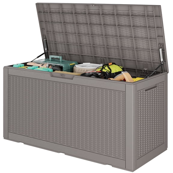 LHBcraft 100 Gallon Deck Box Lockable Resin Outdoor Storage Box Waterproof Outdoor Container for Patio Furniture Cushions, Pillow, Gray