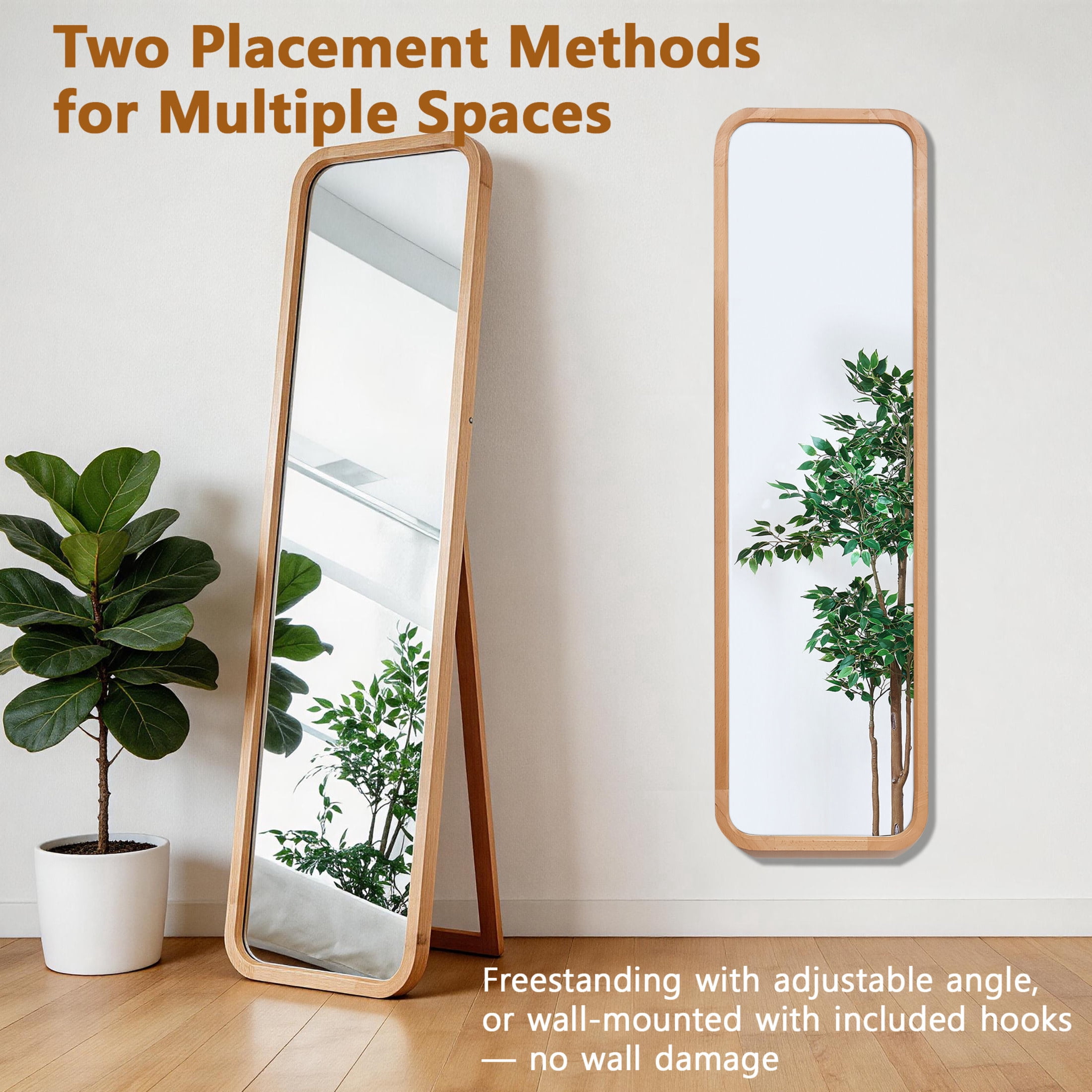 Noble House 63" Full Length Mirror, Solid Beech Wood Frame Freestanding Floor Mirror, Natural