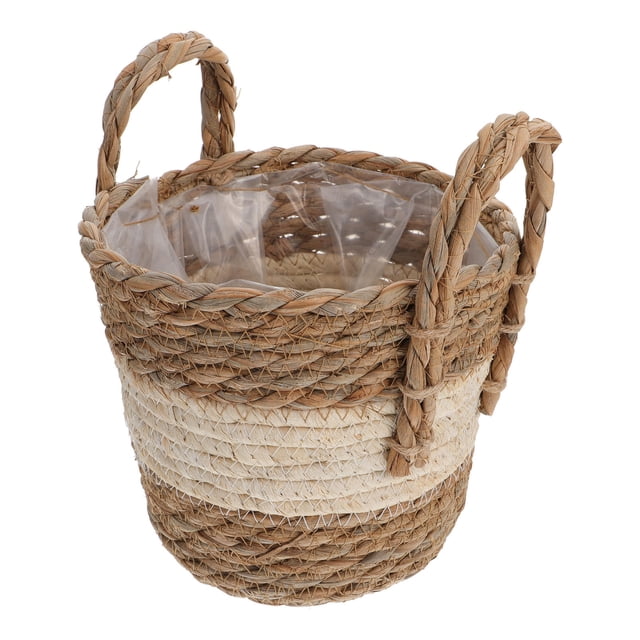 Homoyoyo 1Pc Khaki Woven Flower Basket Rattan Planter Handmade Decorative Container for Plants
