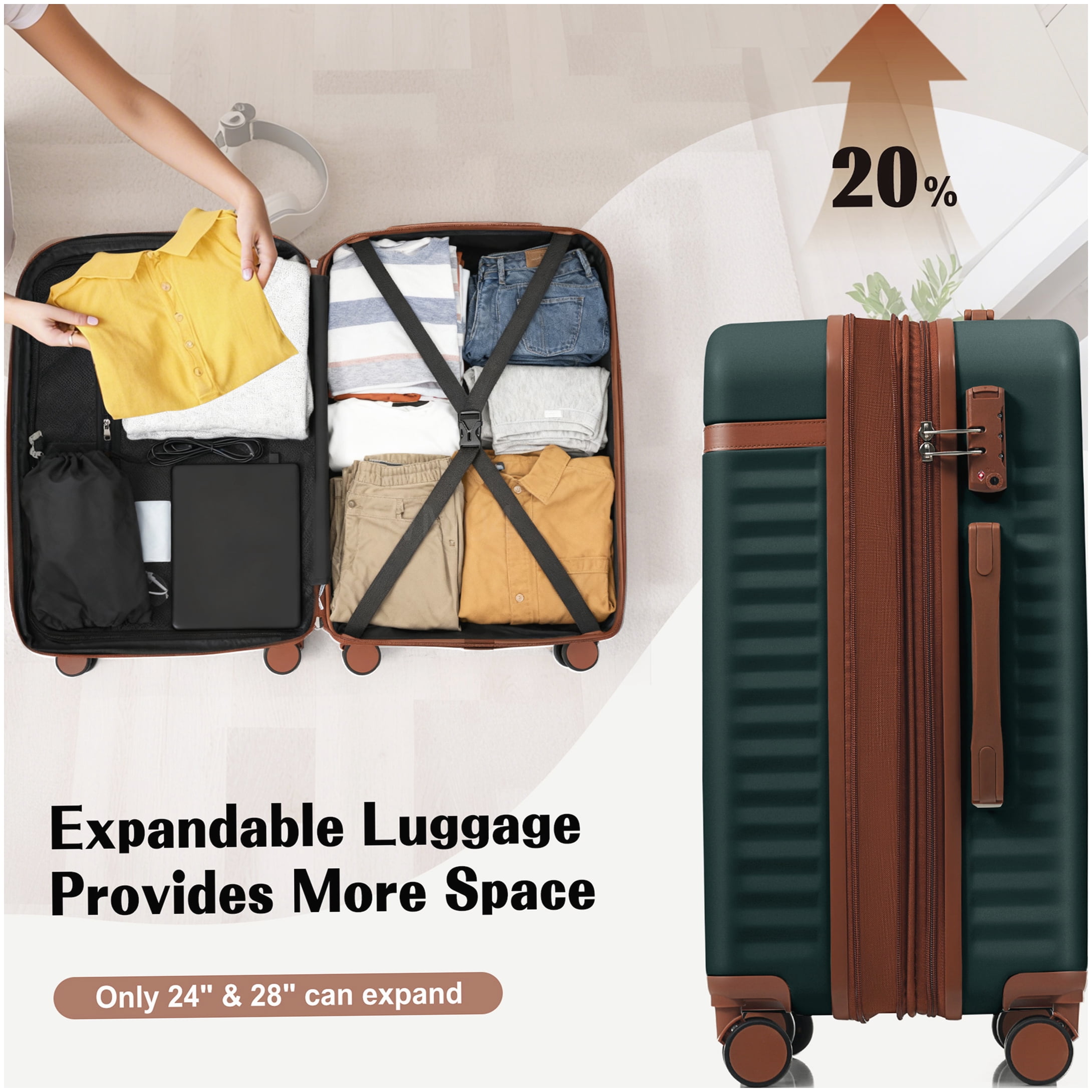 MANGIJOY Airline Approved Carry-On Luggage with USB Port - 3 Piece Hardshell Spinner Set in Dark Green, Front Opening, ABS Material, TSA Lock