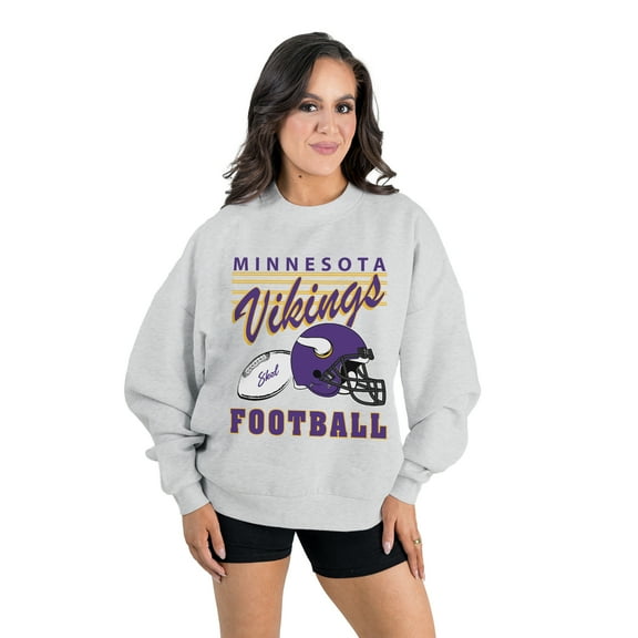 Women's Gameday Couture Ash Minnesota Vikings Home Turf Oversized Premium Fleece Pullover Sweatshirt