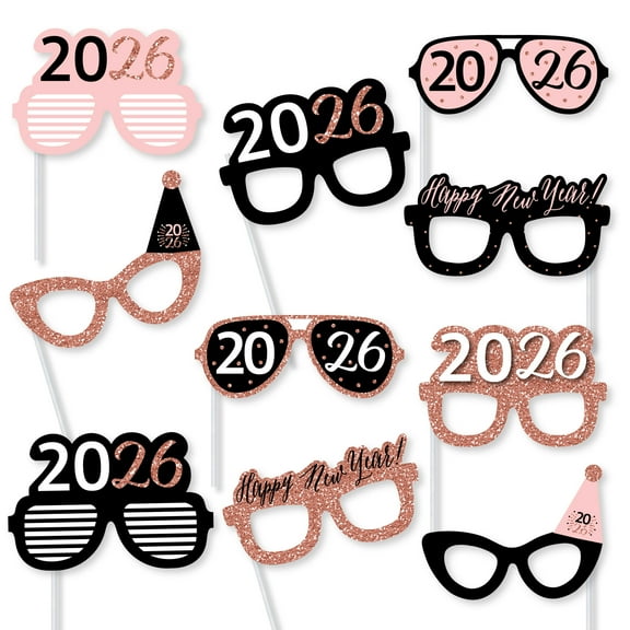 Big Dot of Happiness Rose Gold Happy New Year Glasses - Paper Card Stock 2026 New Year's Eve Party Photo Booth Props Kit - 10 Count