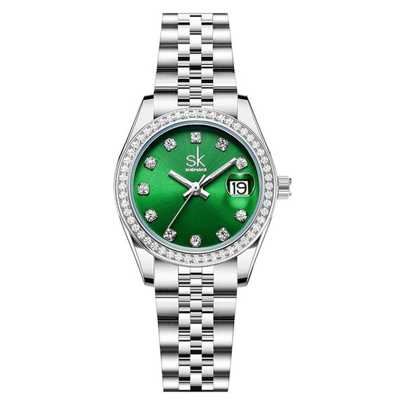 Women's Crystal Accented with Solid Alloy Steel Band Watch Elegant Dress Quartz Calendar Watches for Women
