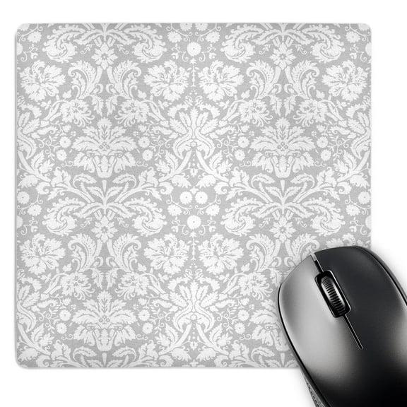3dRose, Silver and white damask pattern - grey gray - fancy french floral swirls - stylish classy elegant, MousePad