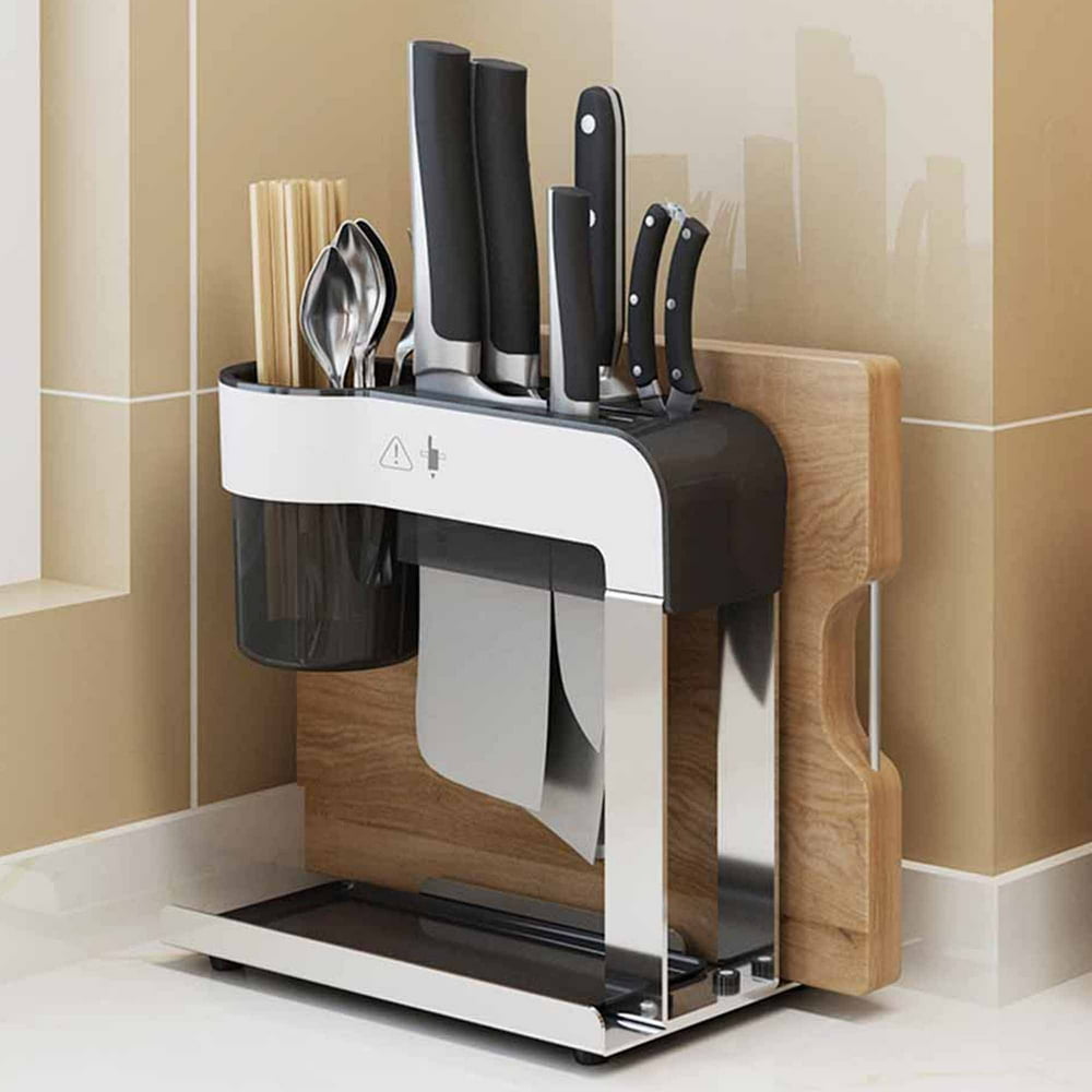 grey knife block with knives