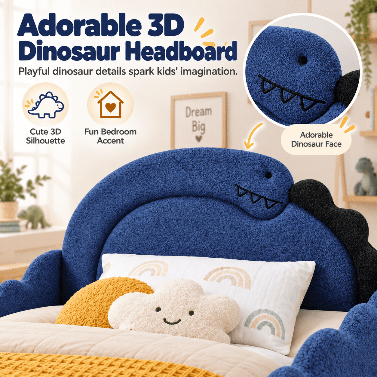 Wakefit Twin Size Dinosaur Bed for Kids with Safety Guardrails,Boucle Upholstered Platform Bed Frame with 3D Dinosaur Headboard,Floor Bed for Boys & Girls,No Box Spring Needed,Navy Blue