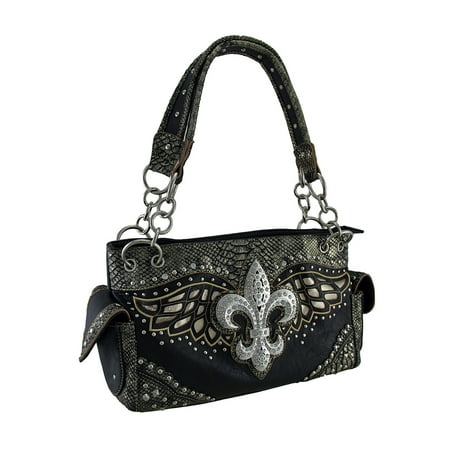 Fleur De Lis Purses Rhinestone Zeckos - Rhinestone Fleur De Lis Metallic Trim Studded Concealed Carry Purse - Black - Size Medium ()