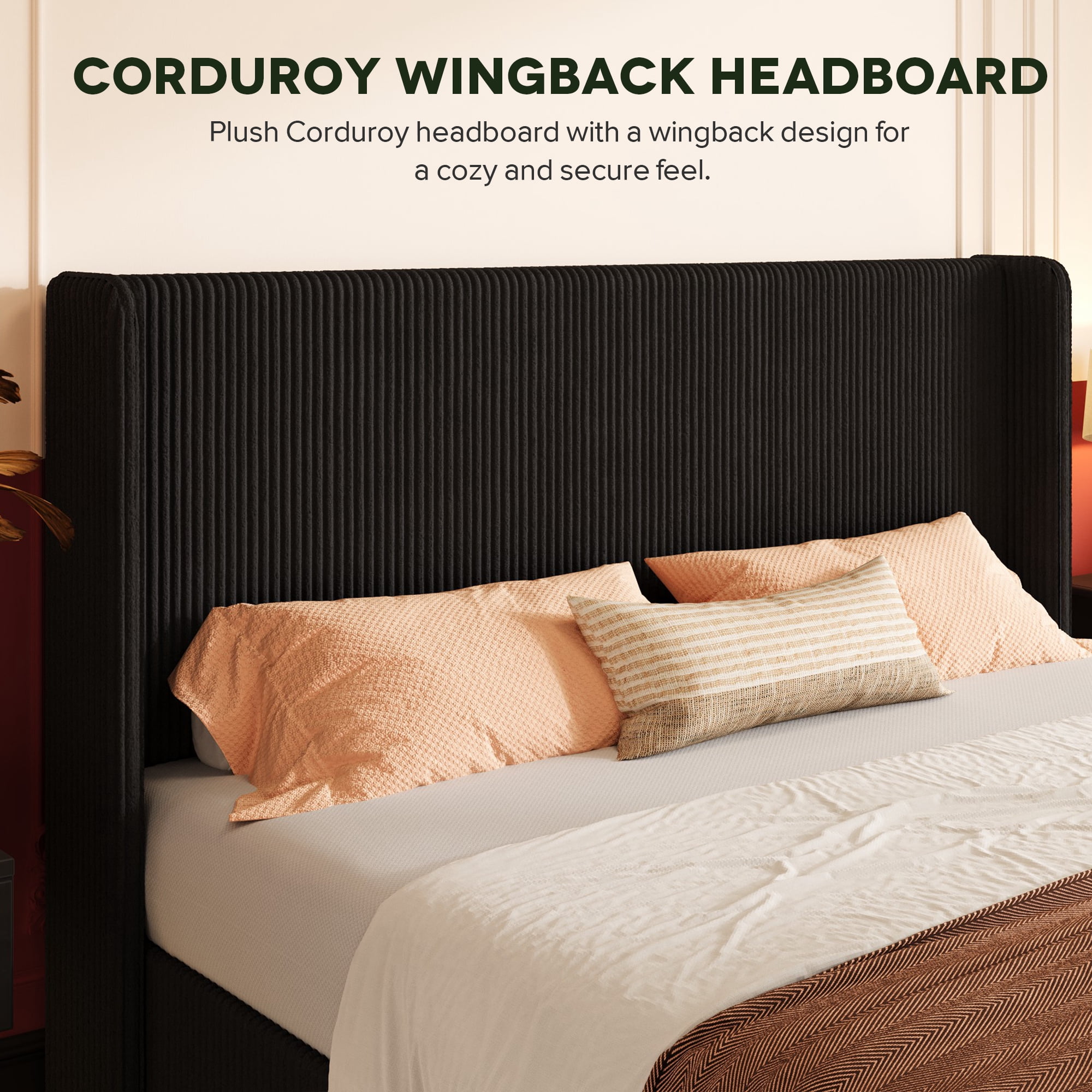 Einfach King Size Hydraulic Lift Up Storage Bed Frame, Corduroy Upholstered Wingback Headboard, Ample Under-bed Storage, Black