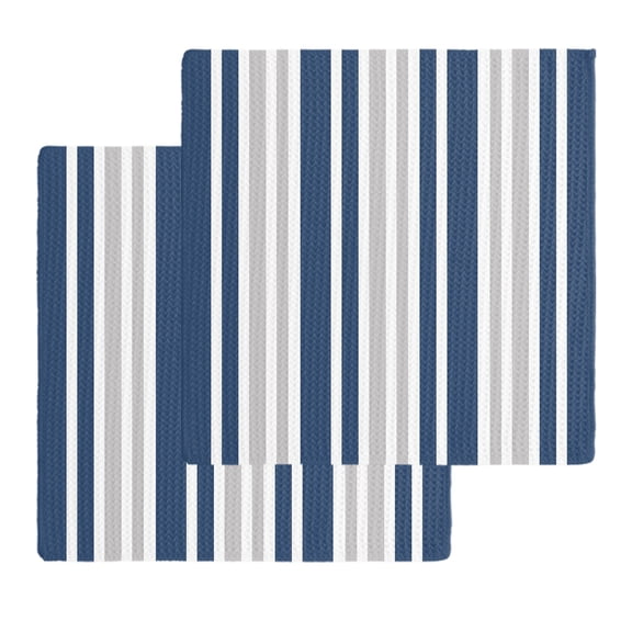 Navy Blue Grey Stripe Kitchen Dish Towels for Drying Dishes Set of 2, Farmhouse Minimalist Striped Waffle Weave Microfiber Hand Tea Bathroom Towels Quick Dry & Absorbent Towel 12x12