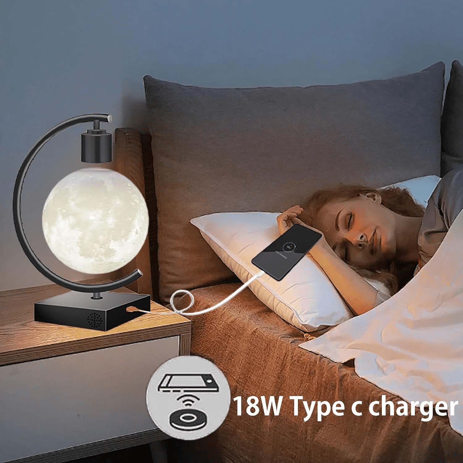 Levitating Moon Lamp with Speaker, 3D Magnetic Floating Night Light, 3 Color LED Planet Lamp with Fast Charger, Wood Base Desk Decor for Bedroom Living Room Gifts