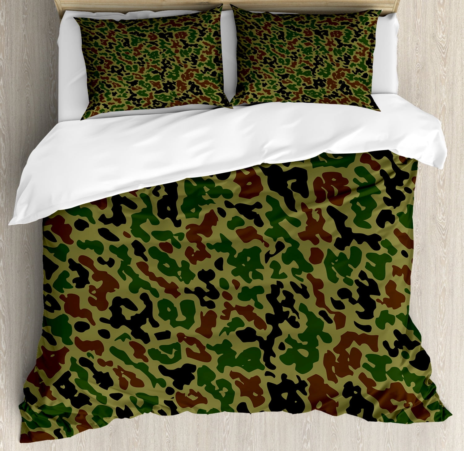 Camouflage Duvet Cover Set, Green Camo Pattern Abstract Formless Design Blending into the Forest