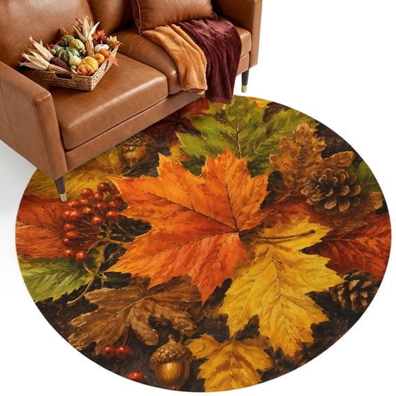 Fall Red Maple Leaf Washable Round Area Rug 3 ft, Country Vintage Farm Yellow Green Leaf Berry Soft Non‑Slip Rugs Stain Repellent Indoor Mats for Entryway, Bathroom, Bedside, Hallway Nook