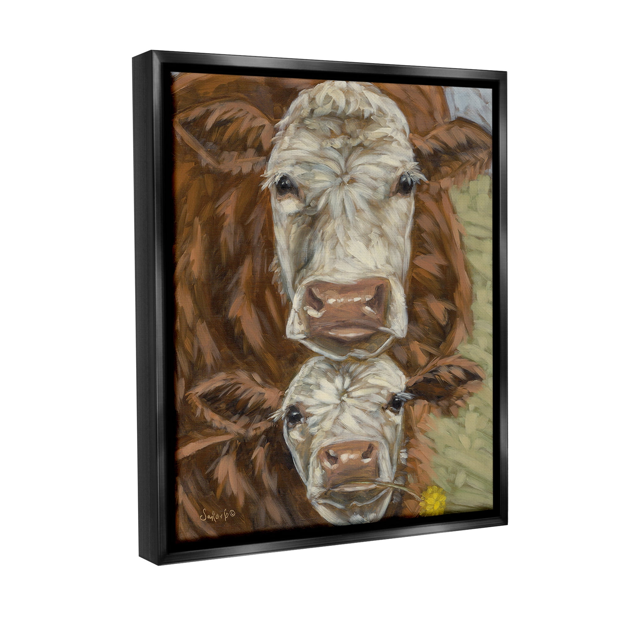 Stupell Industries Cattle and Calf Gazing Animals & Insects Painting Black Floater Framed Canvas Art Print Wall Art, 17 x 21