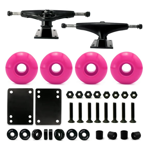 Victory Jump Skateboard Trucks and Wheels Set, Skateboard Accessories, Skateboard Trucks 5.25 inch, Skateboard wheels 52mm, Skateboard Bearings (5.25 inch Black Truck w 52mm Pink Wheels)