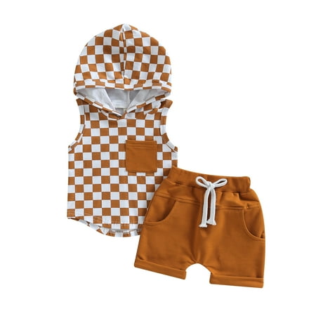 

Baby Boy Summer Outfits Checkerboard Print Sleeveless Hoodie T-shirt and Stretch Casual Shorts Set（0-24Months，2-3Years）