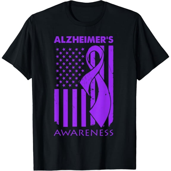 Alzheimer's Awareness Purple US Flag T-ShirtMen and women can wear, black T-shirts, gifts. Age: M,L,XL 2XL, 3XL, 66XL
