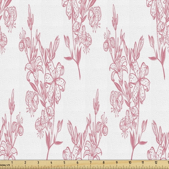 Floral Fabric by the Yard, Romantic Botanical Motifs Along Lilium Flowers Bouquet Natural Art, Decorative Upholstery Fabric for Sofas and Home Accents, Pastel Pink Blush and White by Ambesonne