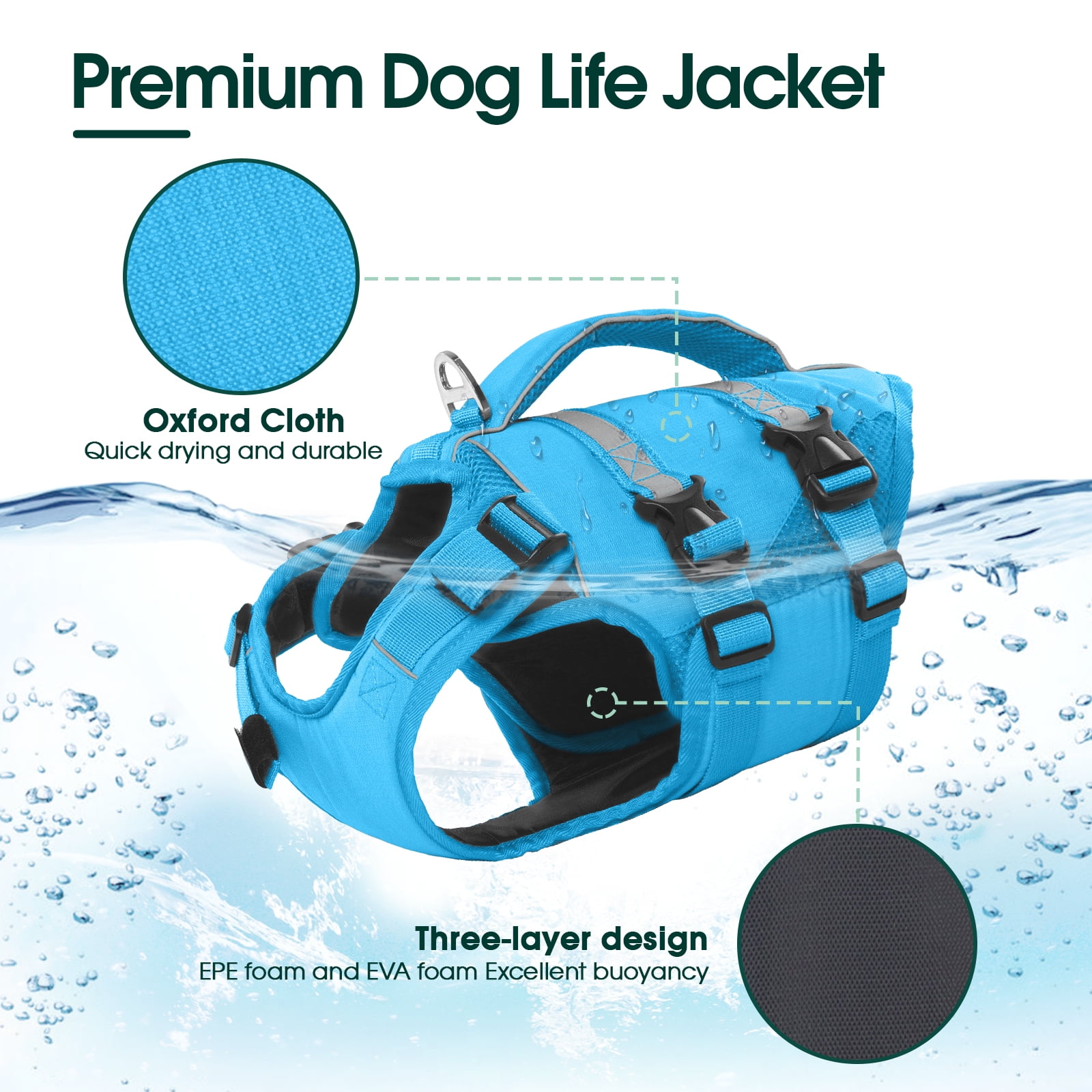 Kuoser Dog Life Jacket, High Flotation Dog Life Vest for Swimming Boating, Blue, XXL