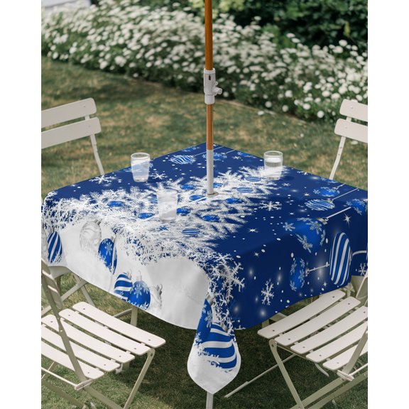 Outdoor Tablecloth with Umbrella Hole, Christmas Tree Blue Christmas Ball Zippered Table Cloth for Rectangle Tables, Winter Falling Snow Washable Waterproof Tablecloths for Picnic Patio Garden
