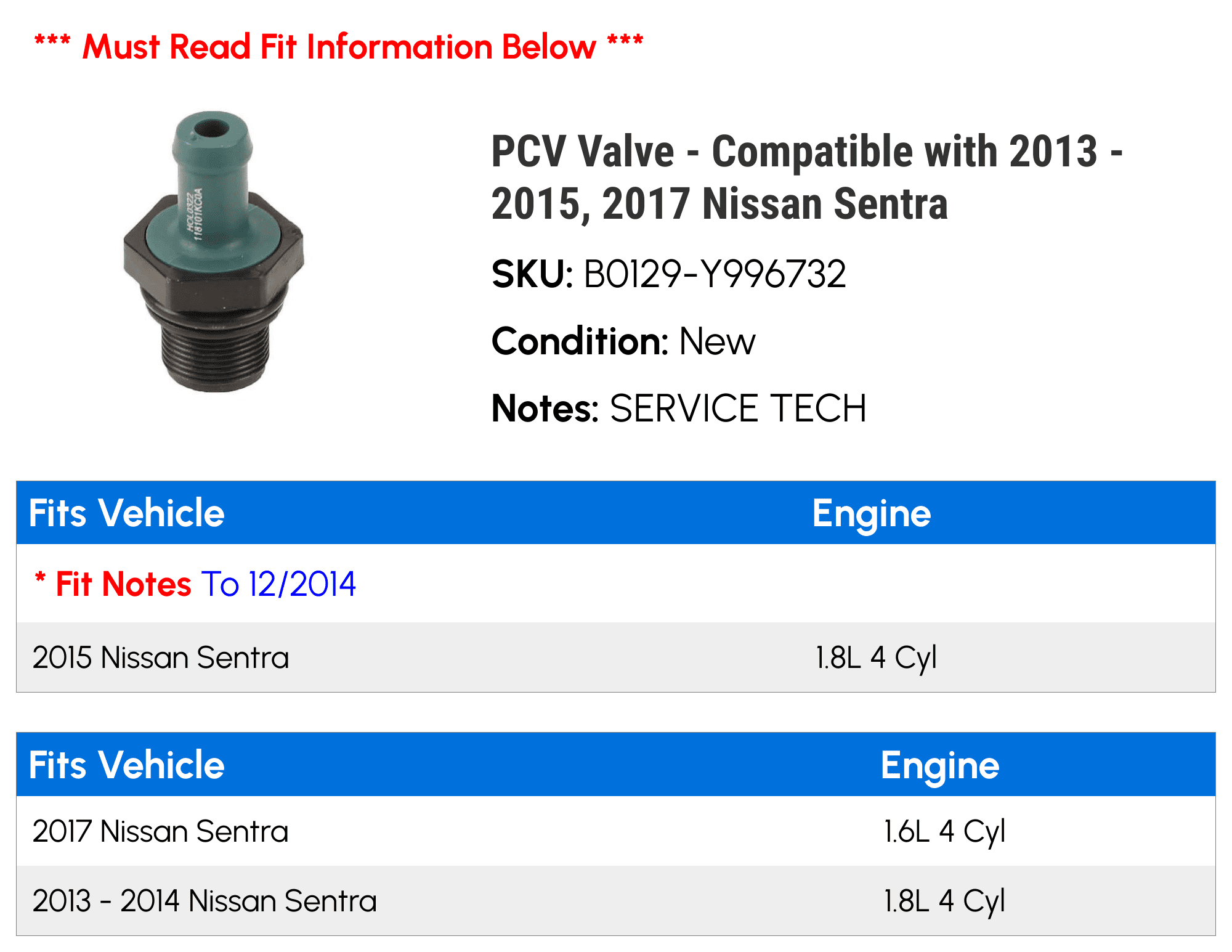 PCV Valve - Compatible with 2013 - 2015, 2017 Nissan Sentra 2014